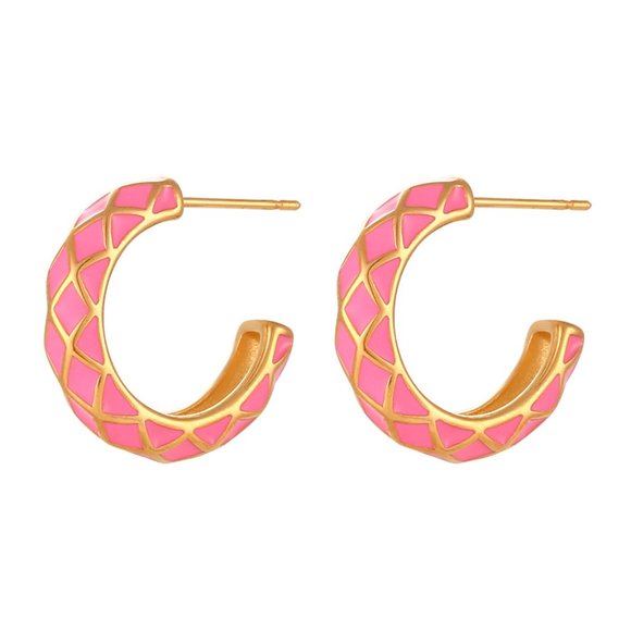 Light Pink Enamel Geometric‎ Pattern Hoop Earrings 18K Gold Plated Stainless - Picture 1 of 11